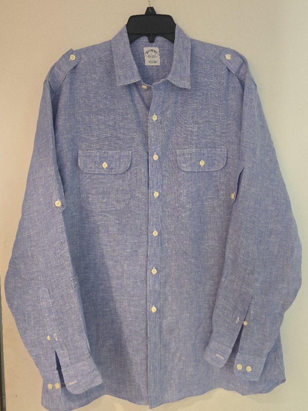 Brooks Brothers Irish Linen Shirt Men's L Slim Fit Blue Safari Epaulettes